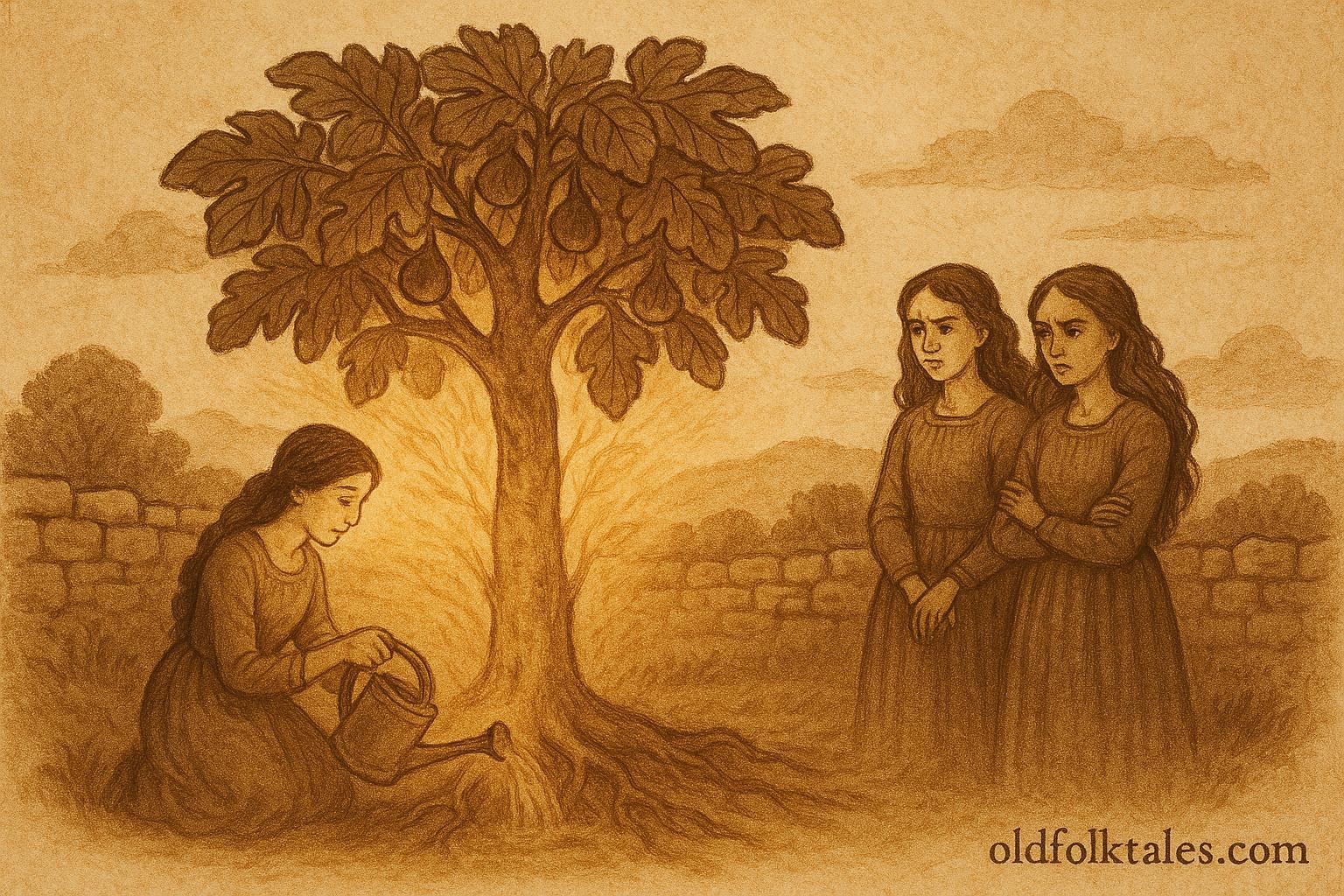 An artwork of three Maltese sisters under a fig tree, Maltese folktale scene.