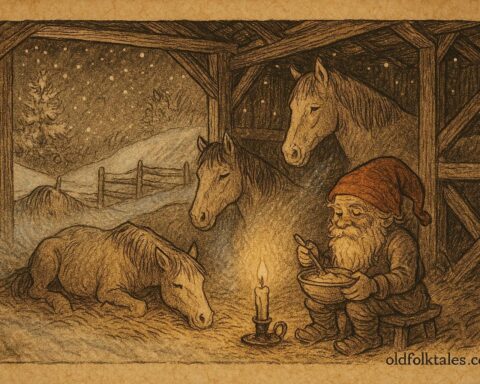 Parchment-style artwork of the Tomte eating porridge in a snowy Scandinavian barn, folktale scene.