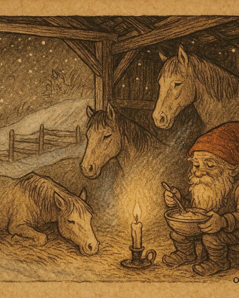 Parchment-style artwork of the Tomte eating porridge in a snowy Scandinavian barn, folktale scene.