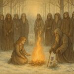 Parchment-style artwork of a girl gathering wood among twelve robed figures, Thessaly, Greece.