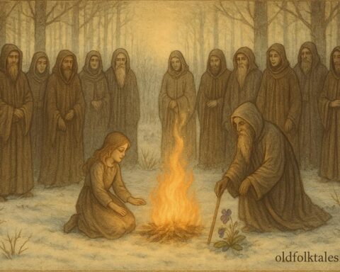 Parchment-style artwork of a girl gathering wood among twelve robed figures, Thessaly, Greece.