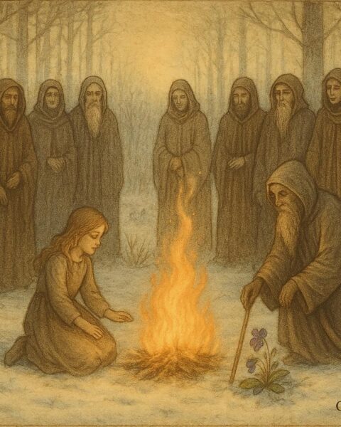 Parchment-style artwork of a girl gathering wood among twelve robed figures, Thessaly, Greece.