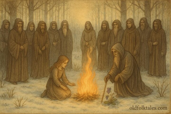 Parchment-style artwork of a girl gathering wood among twelve robed figures, Thessaly, Greece.