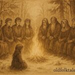 Parchment-style artwork of a kind orphan by the fire with the Twelve Months, Czech folktale.