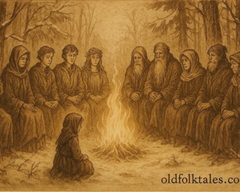 Parchment-style artwork of a kind orphan by the fire with the Twelve Months, Czech folktale.