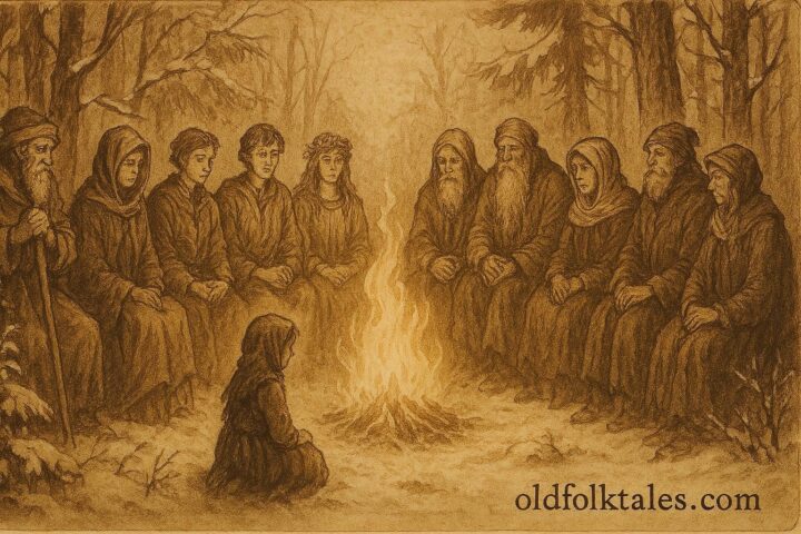Parchment-style artwork of a kind orphan by the fire with the Twelve Months, Czech folktale.