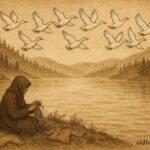 An illustration of a figure weaving near a lake while twelve ducks fly overhead in a Nordic landscape.