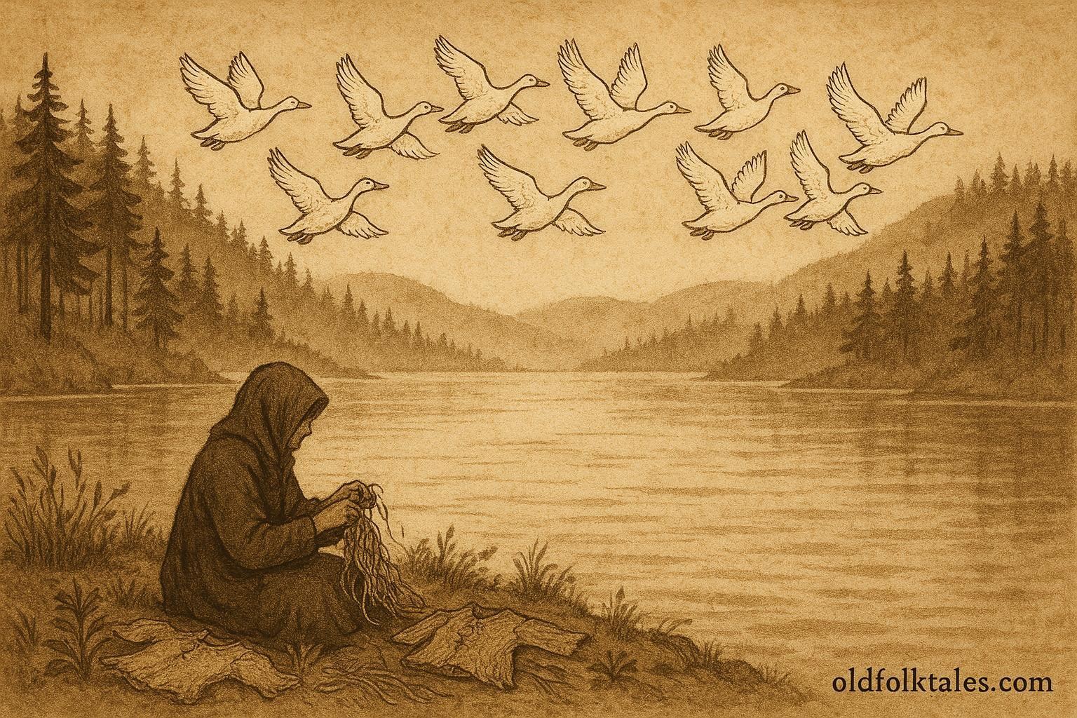 An illustration of a figure weaving near a lake while twelve ducks fly overhead in a Nordic landscape.