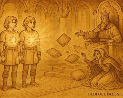 Parchment-style illustration of golden-haired twin princes revealing their stars before the Romanian emperor.