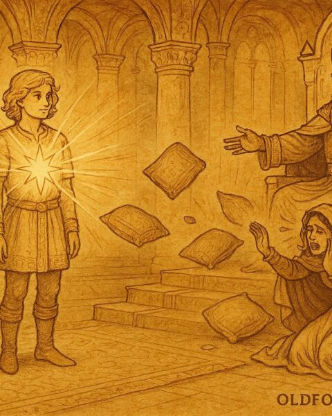 Parchment-style illustration of golden-haired twin princes revealing their stars before the Romanian emperor.