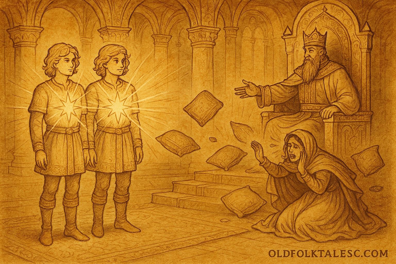 Parchment-style illustration of golden-haired twin princes revealing their stars before the Romanian emperor.