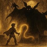 An artwork of the youth facing the Vampire under St. Michael’s light, Ukrainian folktale scene.