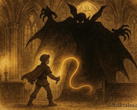 An artwork of the youth facing the Vampire under St. Michael’s light, Ukrainian folktale scene.
