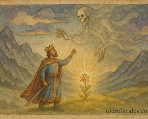 An illustration of the Ukrainian king reaching for the immortal flower as the Voice of Death warns him.”