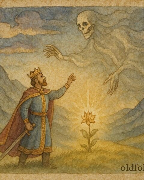 An illustration of the Ukrainian king reaching for the immortal flower as the Voice of Death warns him.”