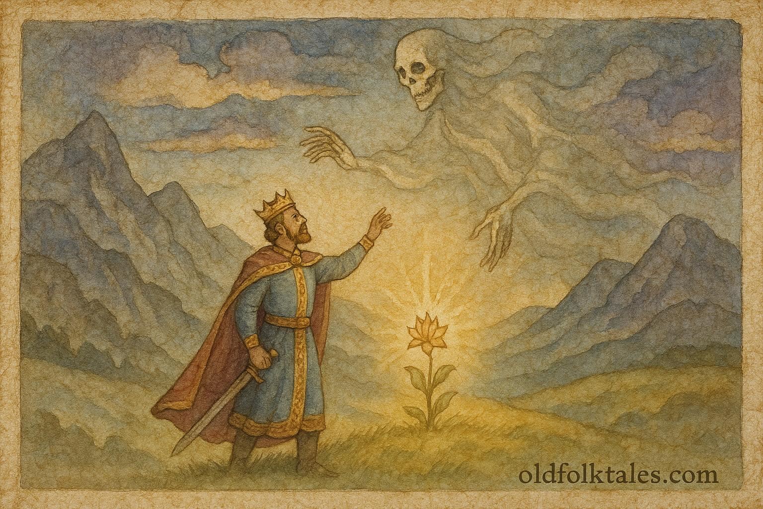 An illustration of the Ukrainian king reaching for the immortal flower as the Voice of Death warns him.”