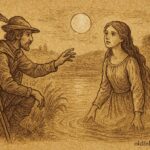 Parchment-style artwork of the miller’s daughter emerging from a pond as her lover reaches out, German folktale scene.