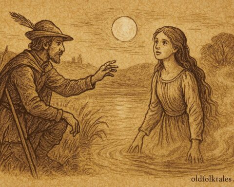 Parchment-style artwork of the miller’s daughter emerging from a pond as her lover reaches out, German folktale scene.