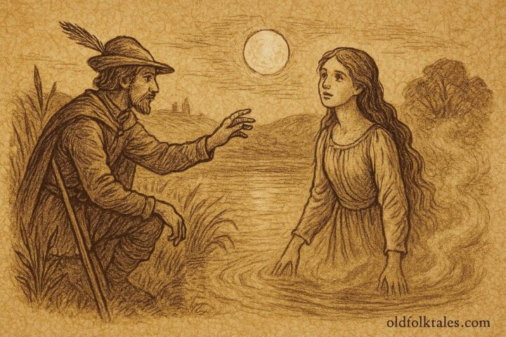 Parchment-style artwork of the miller’s daughter emerging from a pond as her lover reaches out, German folktale scene.