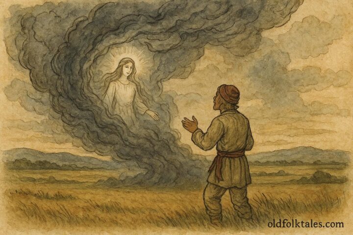 An artwork of a Polish peasant summoning his bride from the storm, Polish folktale scene.