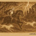 Parchment-style artwork of the ghostly Wild Hunter-Knight and his fiery hounds riding through stormy Luxembourg woods.
