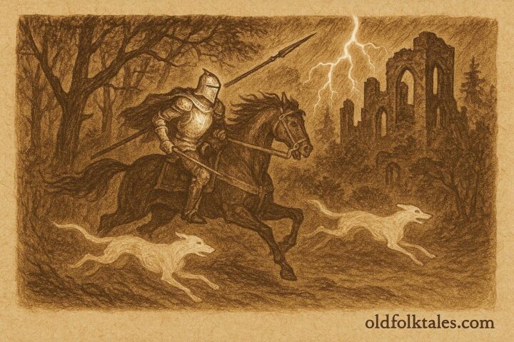 Parchment-style artwork of the ghostly Wild Hunter-Knight and his fiery hounds riding through stormy Luxembourg woods.