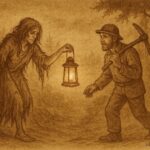 An llistration of the Wild Woman guiding a miner through misty Luxembourg forest, Luxembourgish folktale scene.