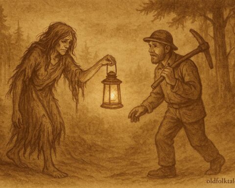 An llistration of the Wild Woman guiding a miner through misty Luxembourg forest, Luxembourgish folktale scene.