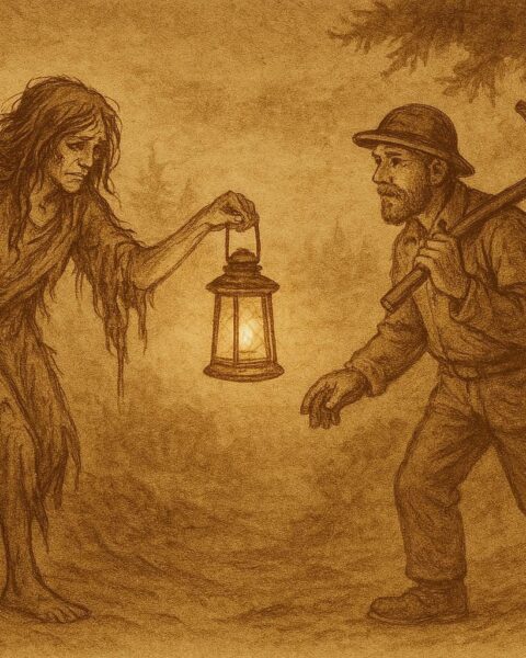 An llistration of the Wild Woman guiding a miner through misty Luxembourg forest, Luxembourgish folktale scene.