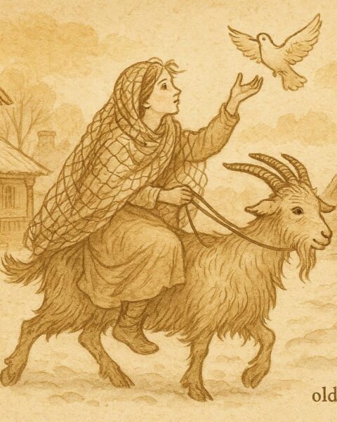 An artwork of Marusya cleverly entering the nobleman’s courtyard, Belarusian folktale scene