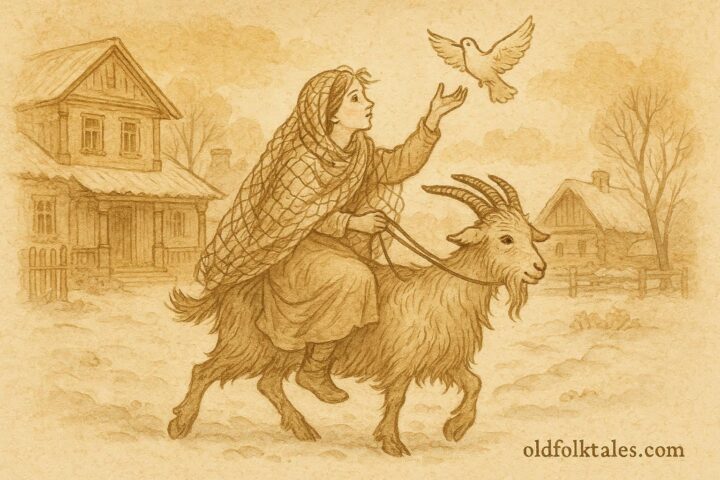 An artwork of Marusya cleverly entering the nobleman’s courtyard, Belarusian folktale scene