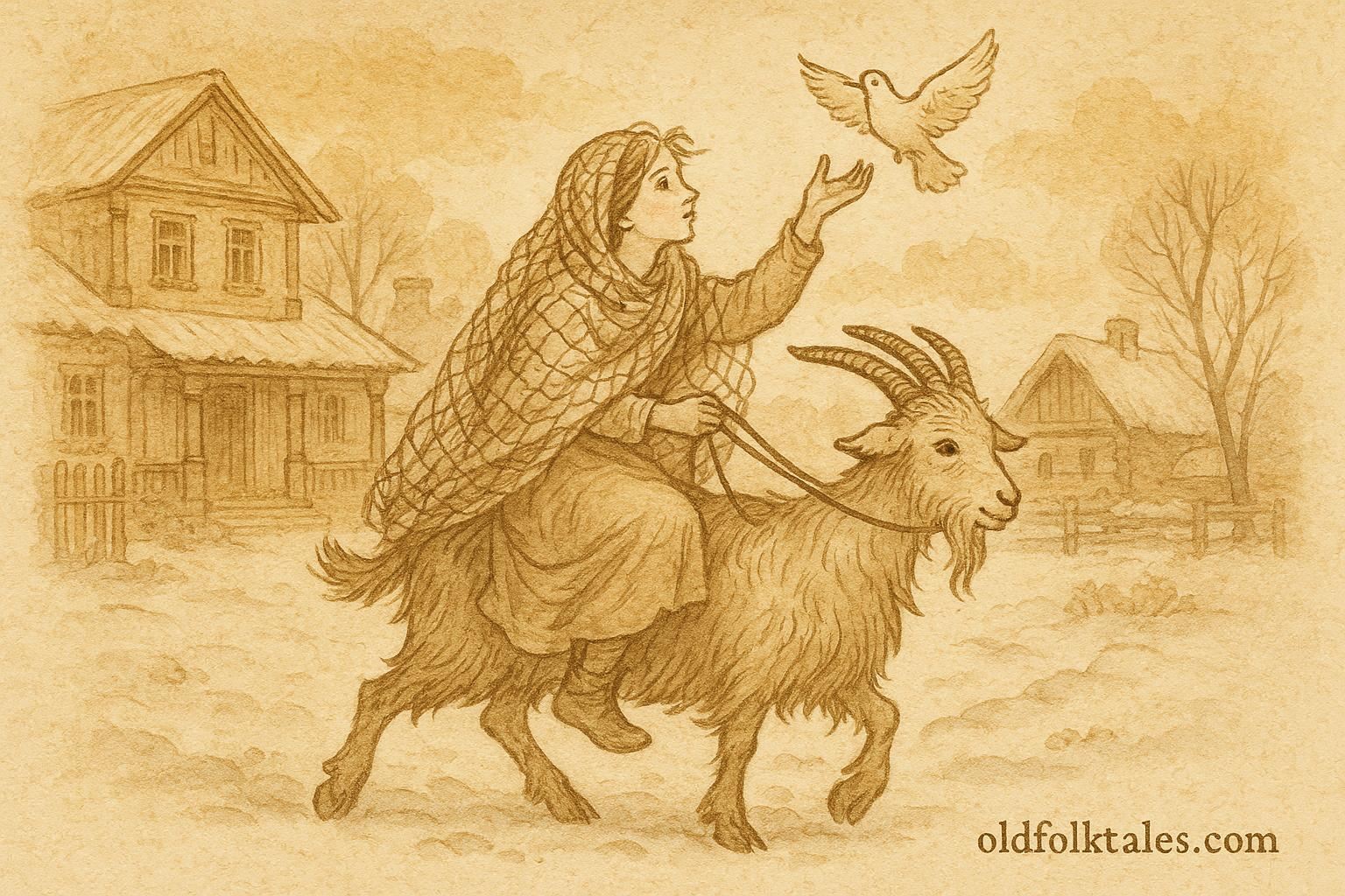 An artwork of Marusya cleverly entering the nobleman’s courtyard, Belarusian folktale scene