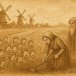An artwork of a Dutch mother and her many children working happily, watched by an elf.