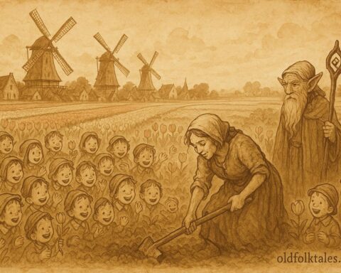 An artwork of a Dutch mother and her many children working happily, watched by an elf.