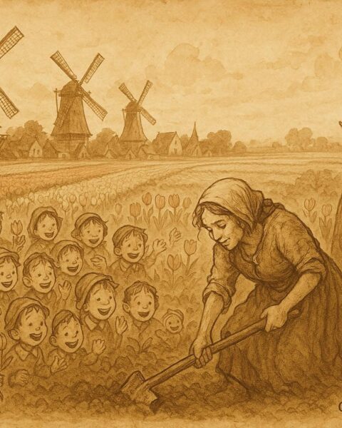 An artwork of a Dutch mother and her many children working happily, watched by an elf.