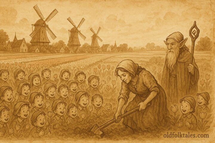 An artwork of a Dutch mother and her many children working happily, watched by an elf.