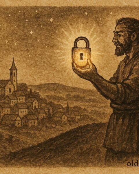 An artwork of Luka holding a glowing lock under the new moon, Croatian folktale scene