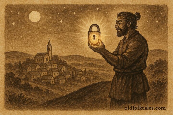 An artwork of Luka holding a glowing lock under the new moon, Croatian folktale scene
