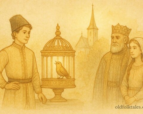 Parchment-style artwork of the Romanian prince beside the singing wonderful bird and the emperor’s church.