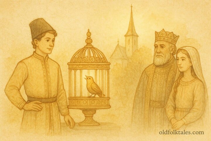 Parchment-style artwork of the Romanian prince beside the singing wonderful bird and the emperor’s church.