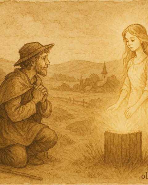 Parchment-style artwork of a shepherd reviving a wooden maiden with light, Slovak folktale scene.