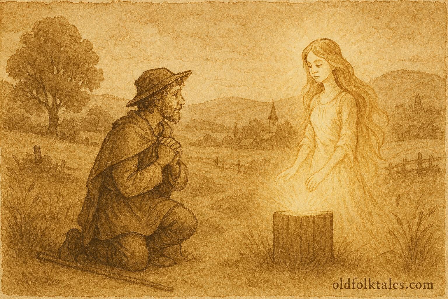 Parchment-style artwork of a shepherd reviving a wooden maiden with light, Slovak folktale scene.