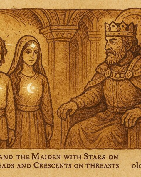 An illustration of Albanian twins with stars and crescents before the king, Albanian folktale scene.