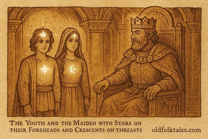 An illustration of Albanian twins with stars and crescents before the king, Albanian folktale scene.