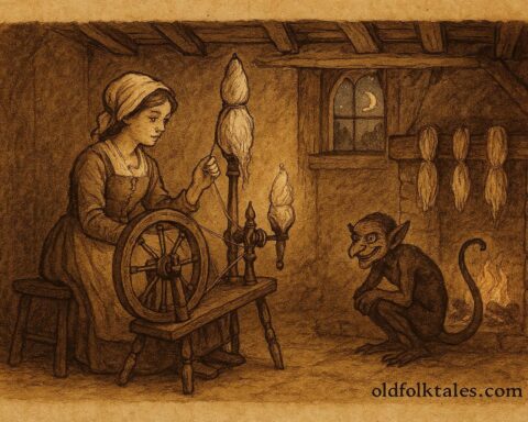 Parchment-style illustration of Tom Tit Tot spinning flax beside a frightened girl in an English cottage.