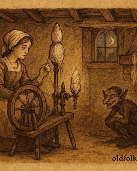 Parchment-style illustration of Tom Tit Tot spinning flax beside a frightened girl in an English cottage.