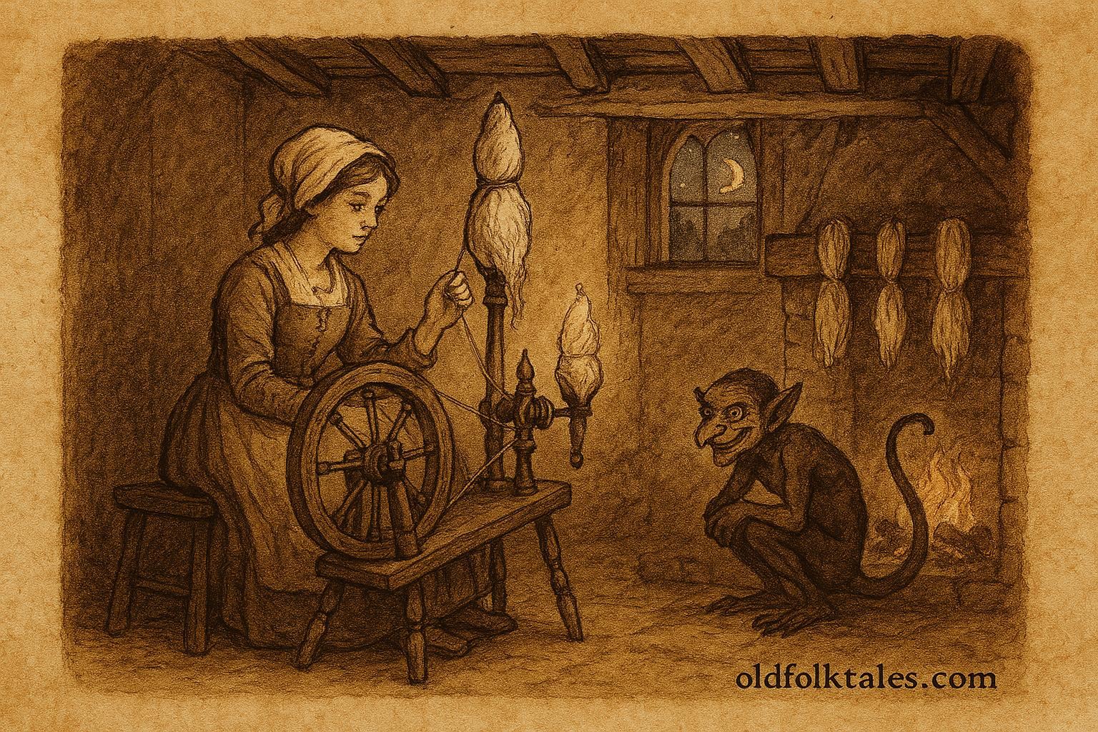 Parchment-style illustration of Tom Tit Tot spinning flax beside a frightened girl in an English cottage.