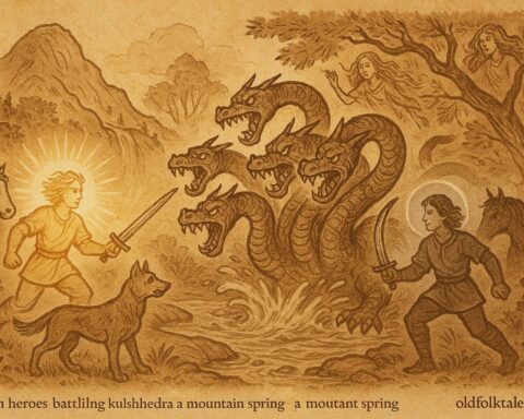 An art of Albanian twin heroes fighting the kulshedra dragon under sun and moon.