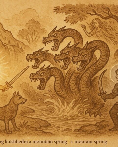 An art of Albanian twin heroes fighting the kulshedra dragon under sun and moon.