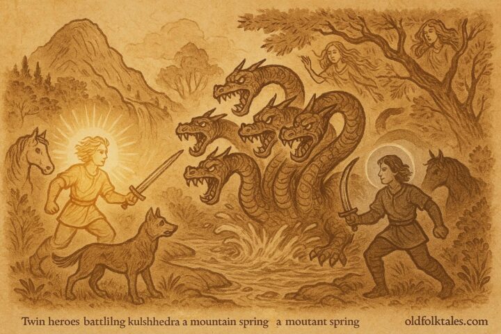 An art of Albanian twin heroes fighting the kulshedra dragon under sun and moon.